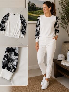 Zac & Rachel White Pullover with Black Floral Puff Sleeves